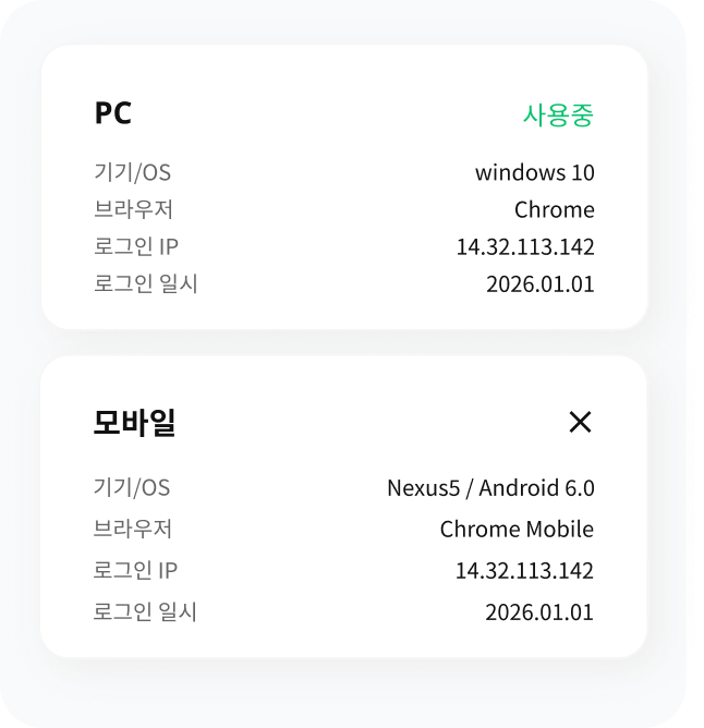 PC 사용중,기기/OS windows 10,브라우저 Chrome,로그인 IP 14.32.113.142,로그인 일시 2022.01.11,모바일,기기/OS Nexus5 / Android 6.0,브라우저 Chrome Mobile,로그인 IP 14.32.113.142,로그인 일시 2022.01.11