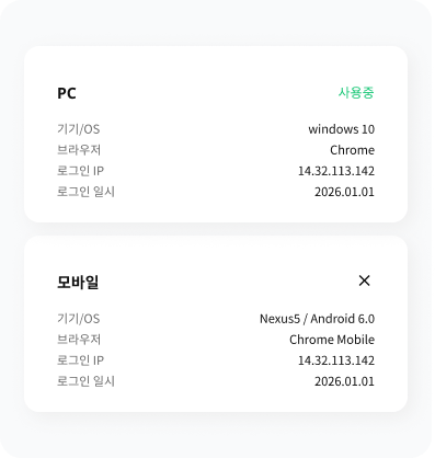 PC 사용중,기기/OS windows 10,브라우저 Chrome,로그인 IP 14.32.113.142,로그인 일시 2022.01.11,모바일,기기/OS Nexus5 / Android 6.0,브라우저 Chrome Mobile,로그인 IP 14.32.113.142,로그인 일시 2022.01.11
